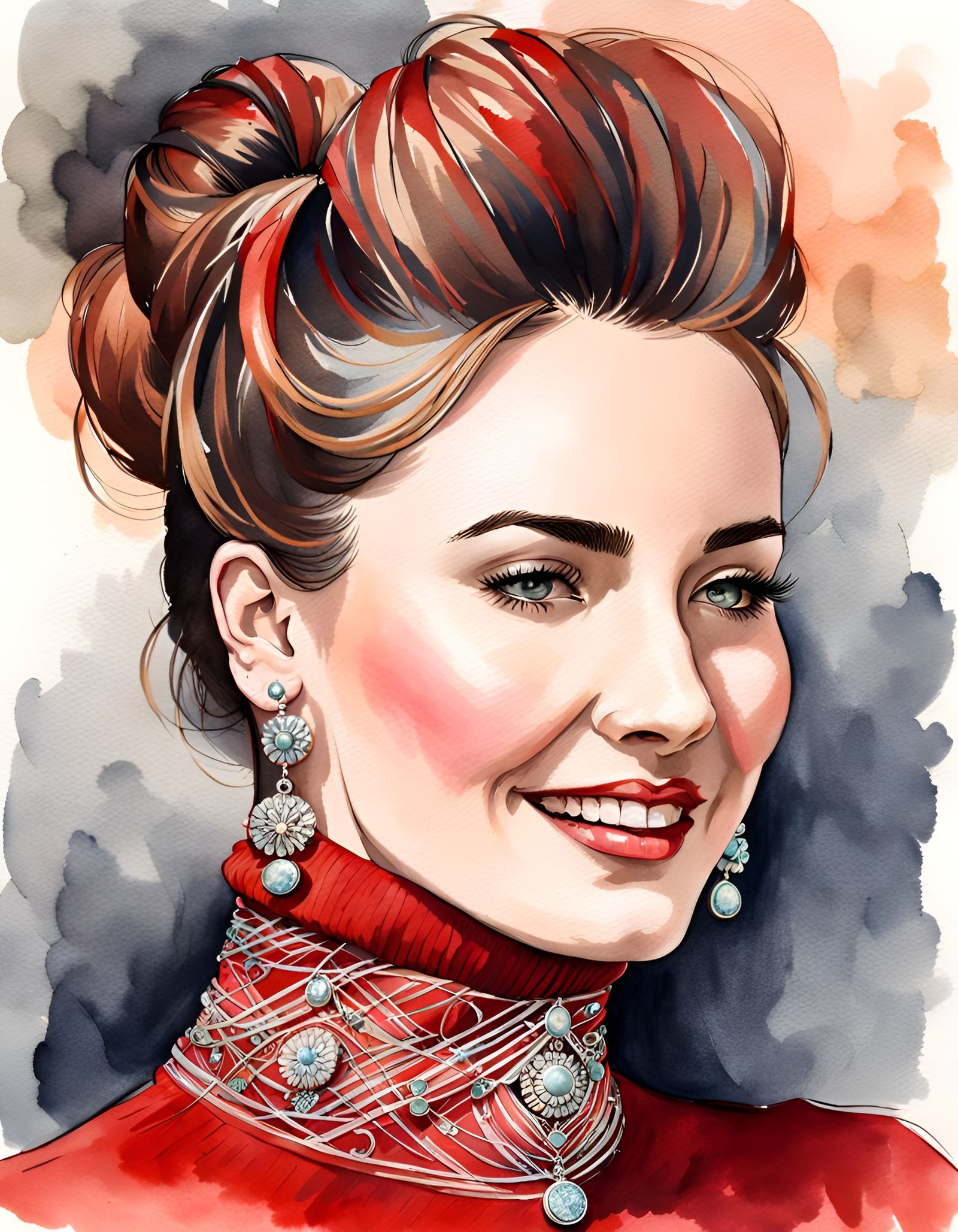 Watercolor Portrait of Brunette in Red Turtleneck