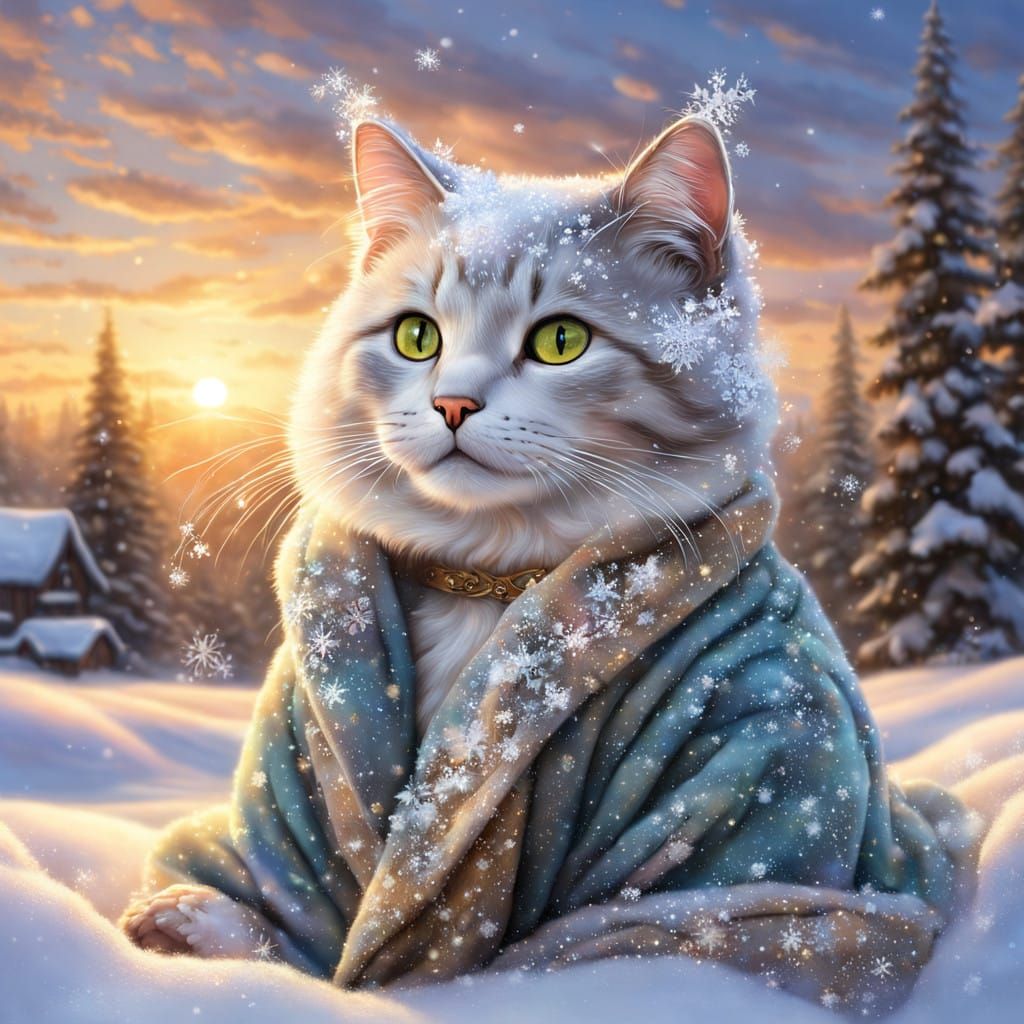 Whimsical Cat Emerge from Snow in Sunset Glow