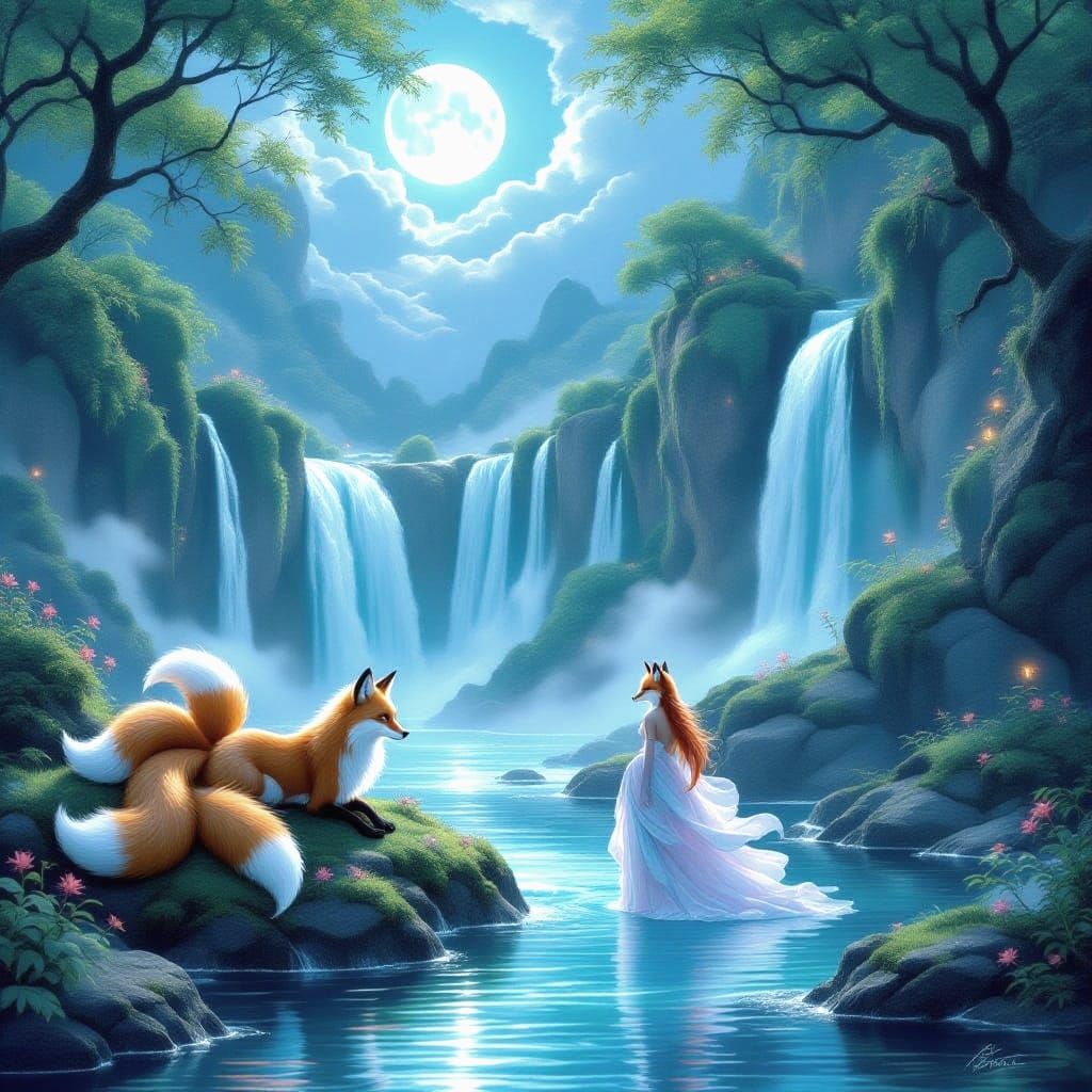 Ethereal Fantasy Nine-Tailed Foxes in Whimsical Landscape