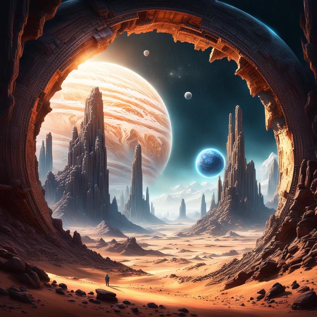 Icy Desert Planets Merge Through Portal: Digital Painting