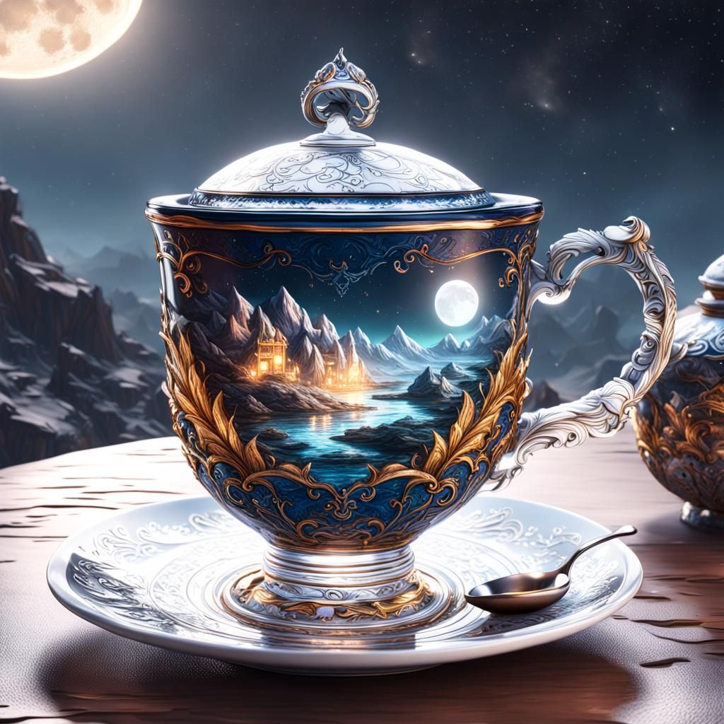 Glass Teacup Holding the Moon: Fantasy Art