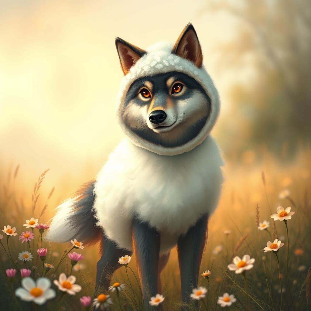 Wolf in Lamb Costume Amidst Wildflowers