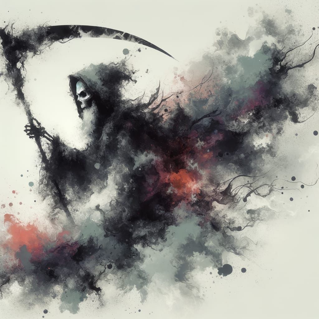 Ominous Grim Reaper Wields Scythe on Stark White