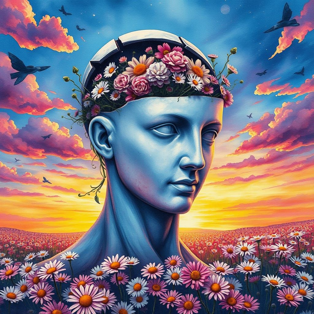 Surreal Blooming Head Statue in Grungy Watercolor Style