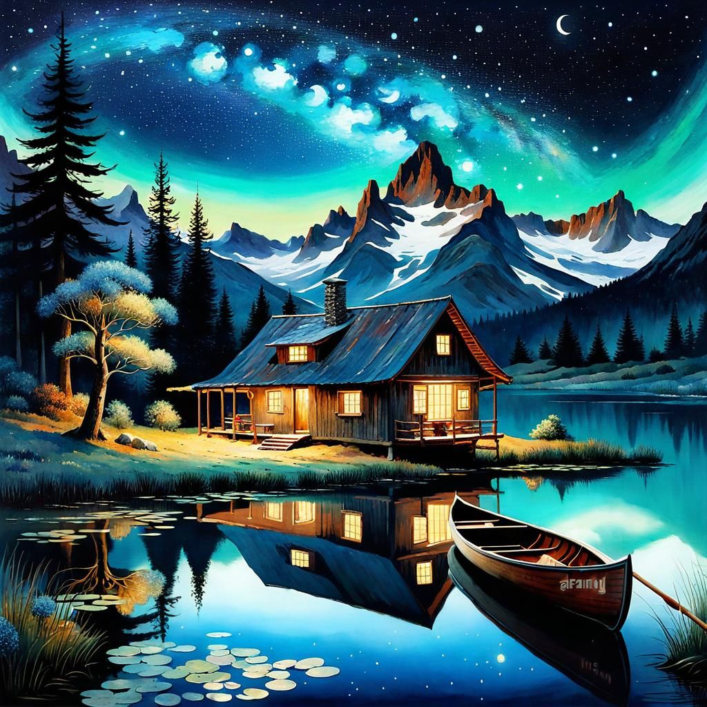 Starry Night Cabin in Watercolor Landscape