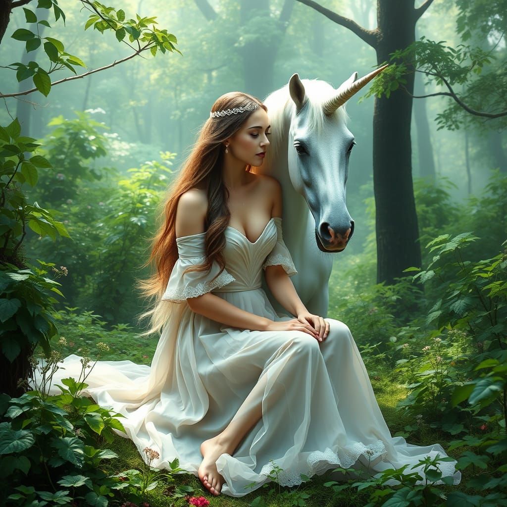 Serene Woodland Encounter with a Majestic Unicorn