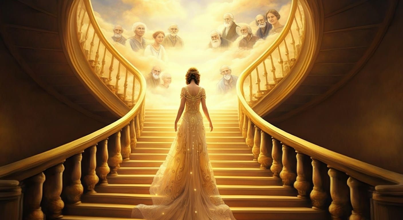 Ethereal Woman Ascends Golden Staircase into Radiant Light