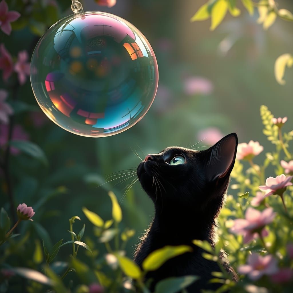 Whimsical Cat Encounters an Iridescent Bubble in a Lush Gard...