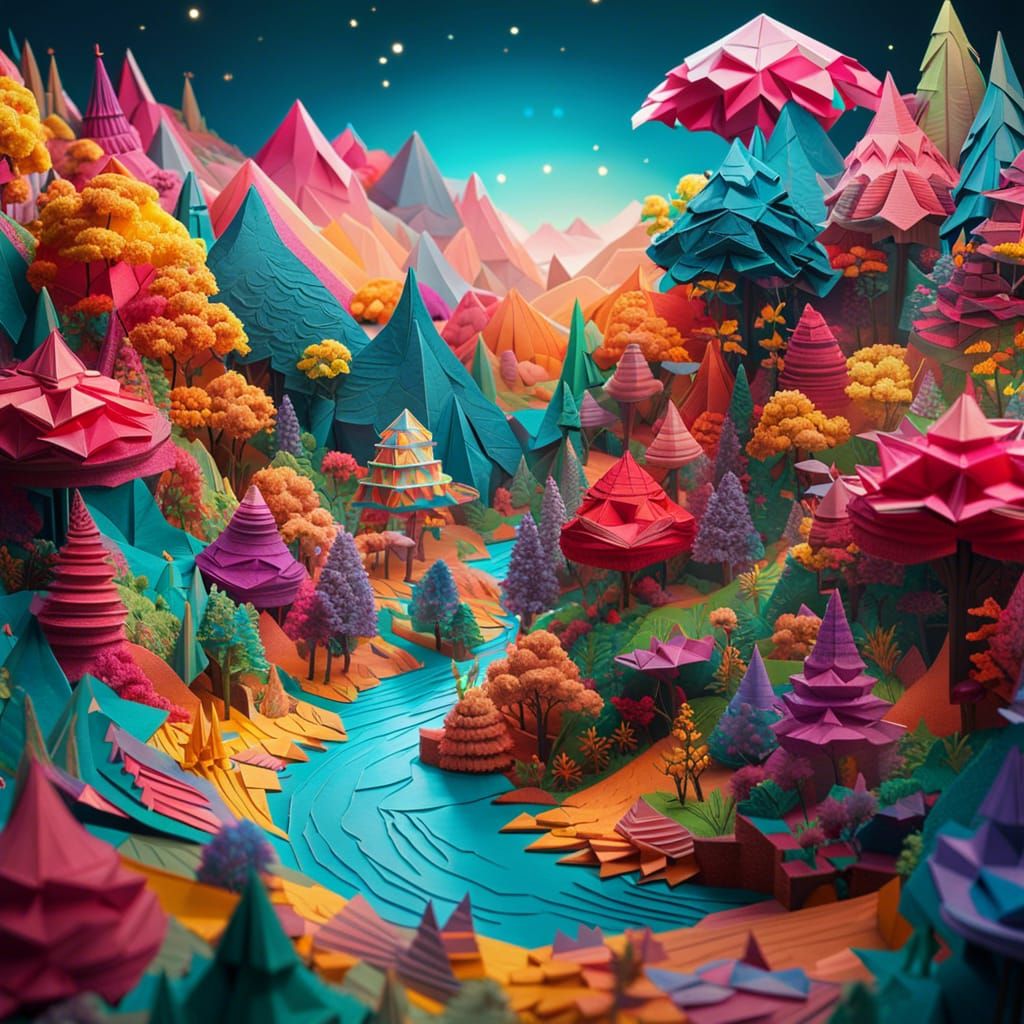 Vibrant Origami Wonderland Landscape in Papercraft Style