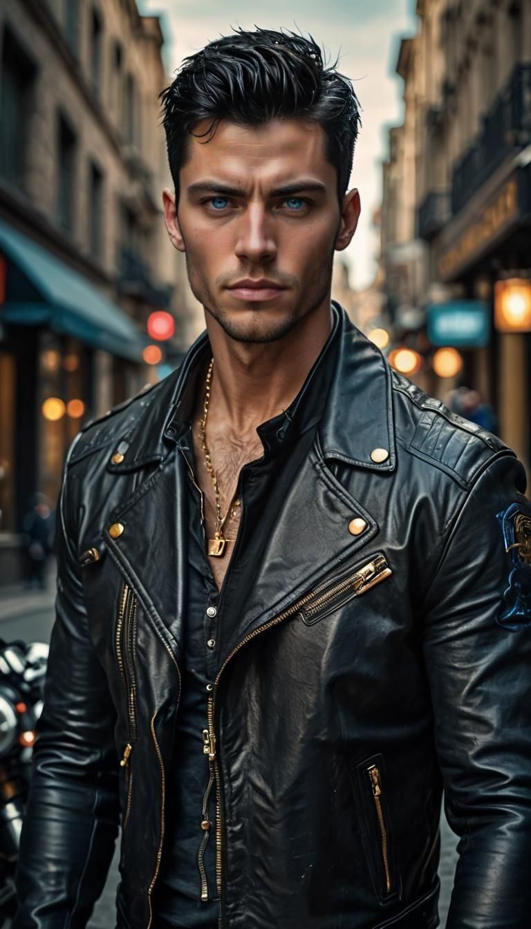 Confident Man on Motorcycle in Hyperrealistic Style