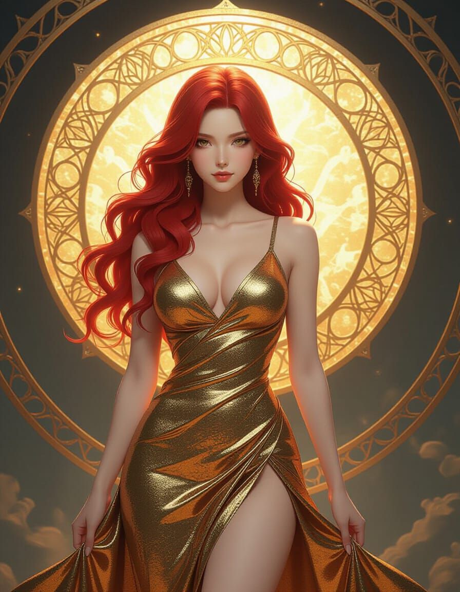 Redhead in Metallic Dress Framed by Golden Disk