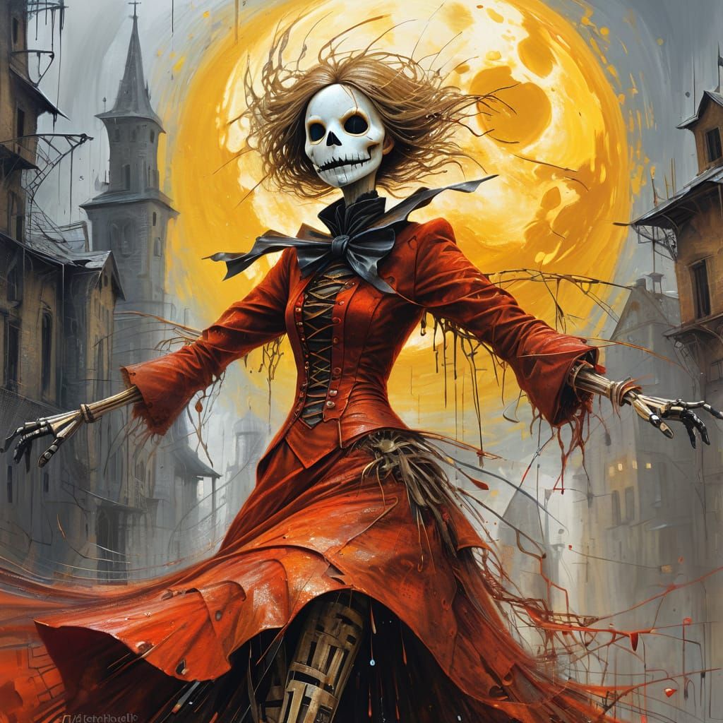 Scarecrow Dances in Red Dress on Halloween Night