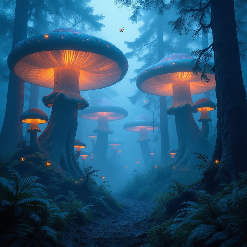 Luminous Mushrooms in Foggy Forest with Glowing Insects
