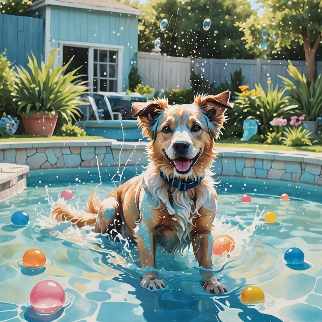 Dog Splashing in Pool: Pastel Cartoon Art