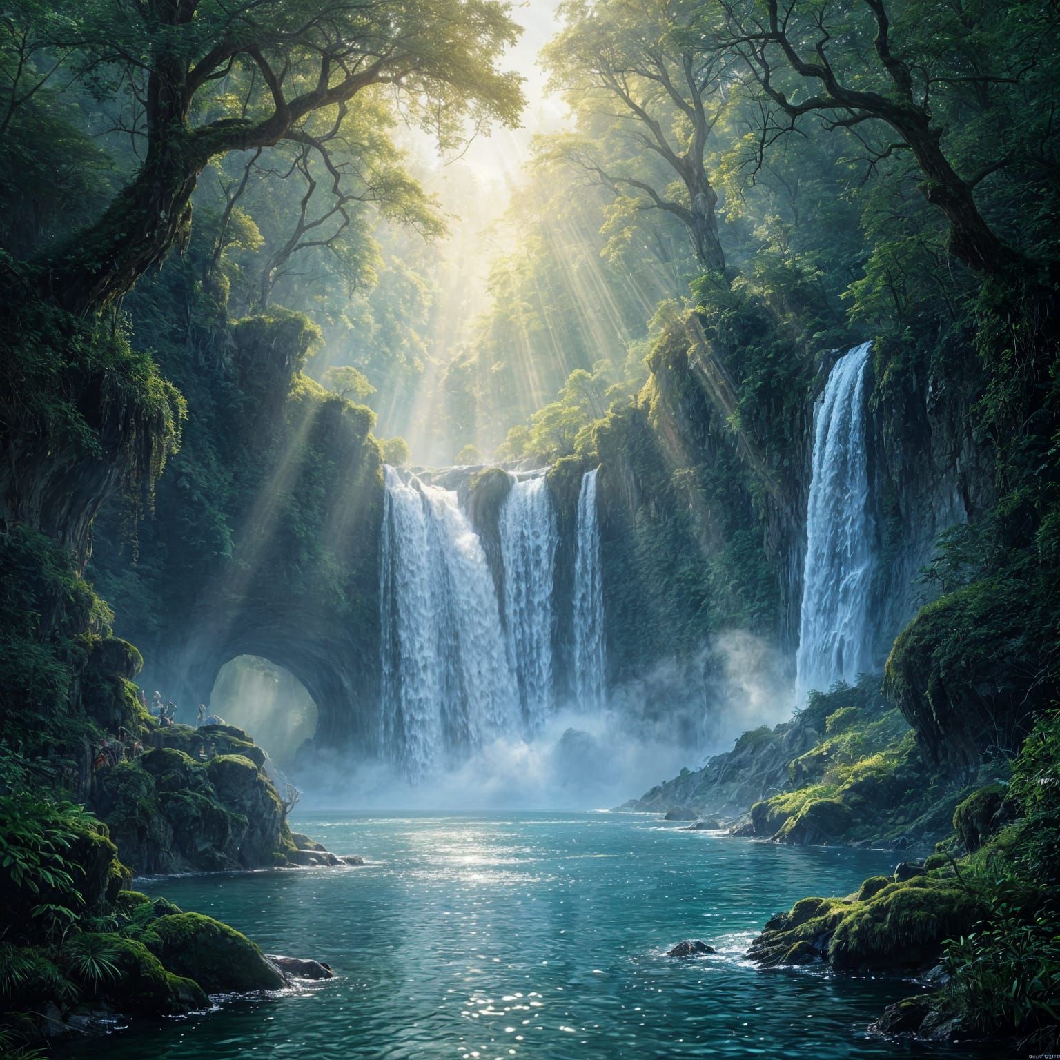 Enchanted Waterfall in Ancient Forest, Fantasy Concept Art