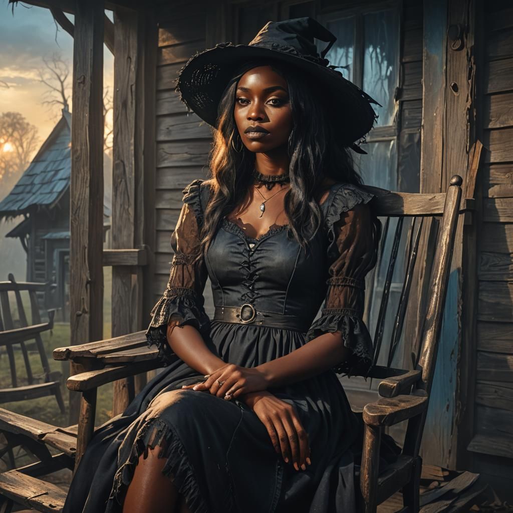 Dark Fantasy Witch on Cottage Porch
