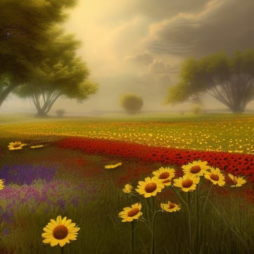 Colorful Flower Field in Detailed Matte Painting Style