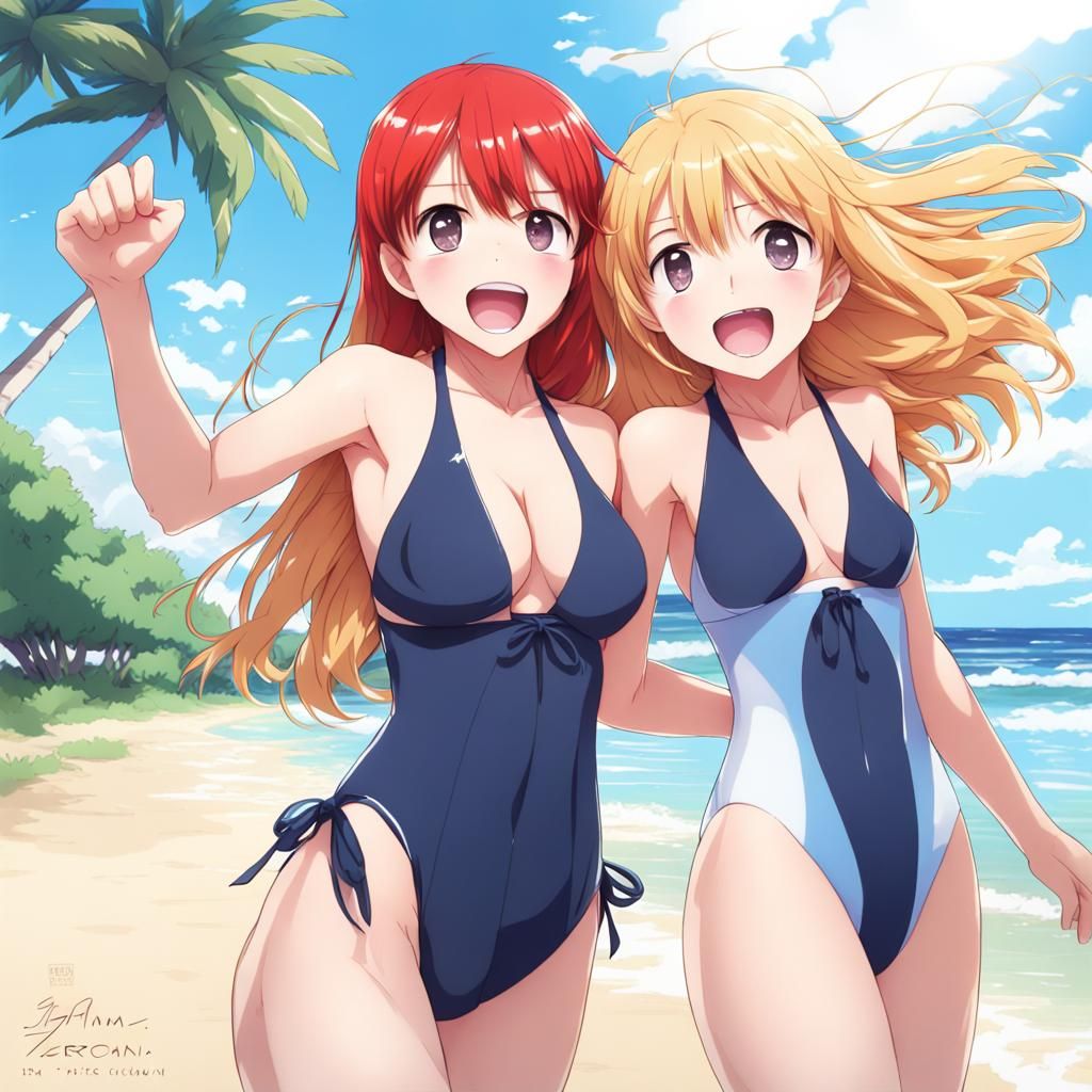 Anime-Style: Redhead and Blonde Beach Scene