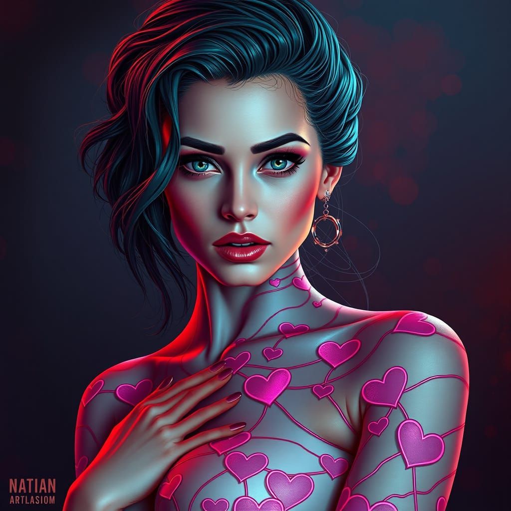 Pulp Pin-Up Woman With Neon Hearts