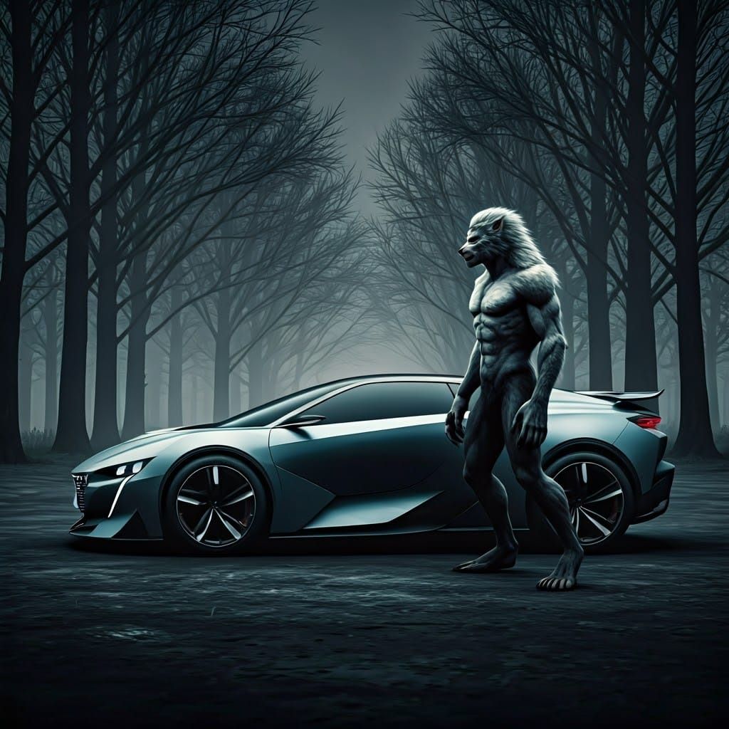 Werewolf and Futuristic Car in Moonlight Forest