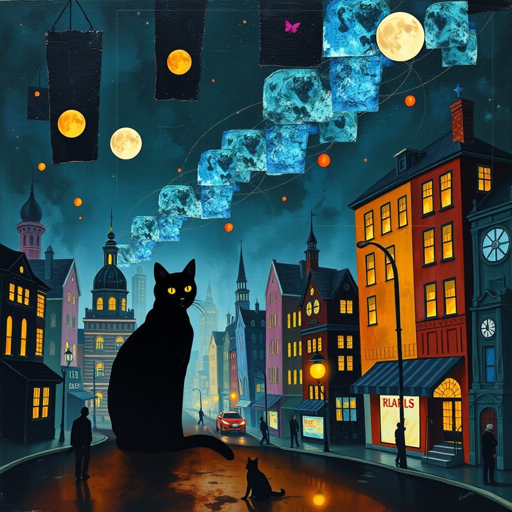 Vibrant Surreal Black Cat Cityscape