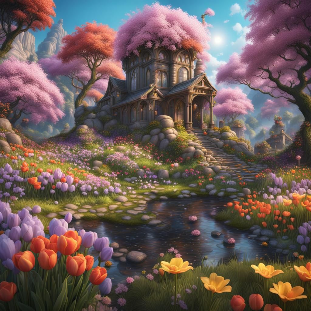 Beautiful Spring Flowers in Detailed Matte Painting