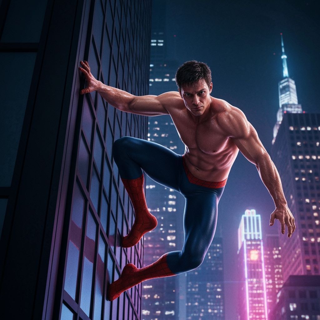 Muscular Peter Parker Climbs Skyscraper at Night