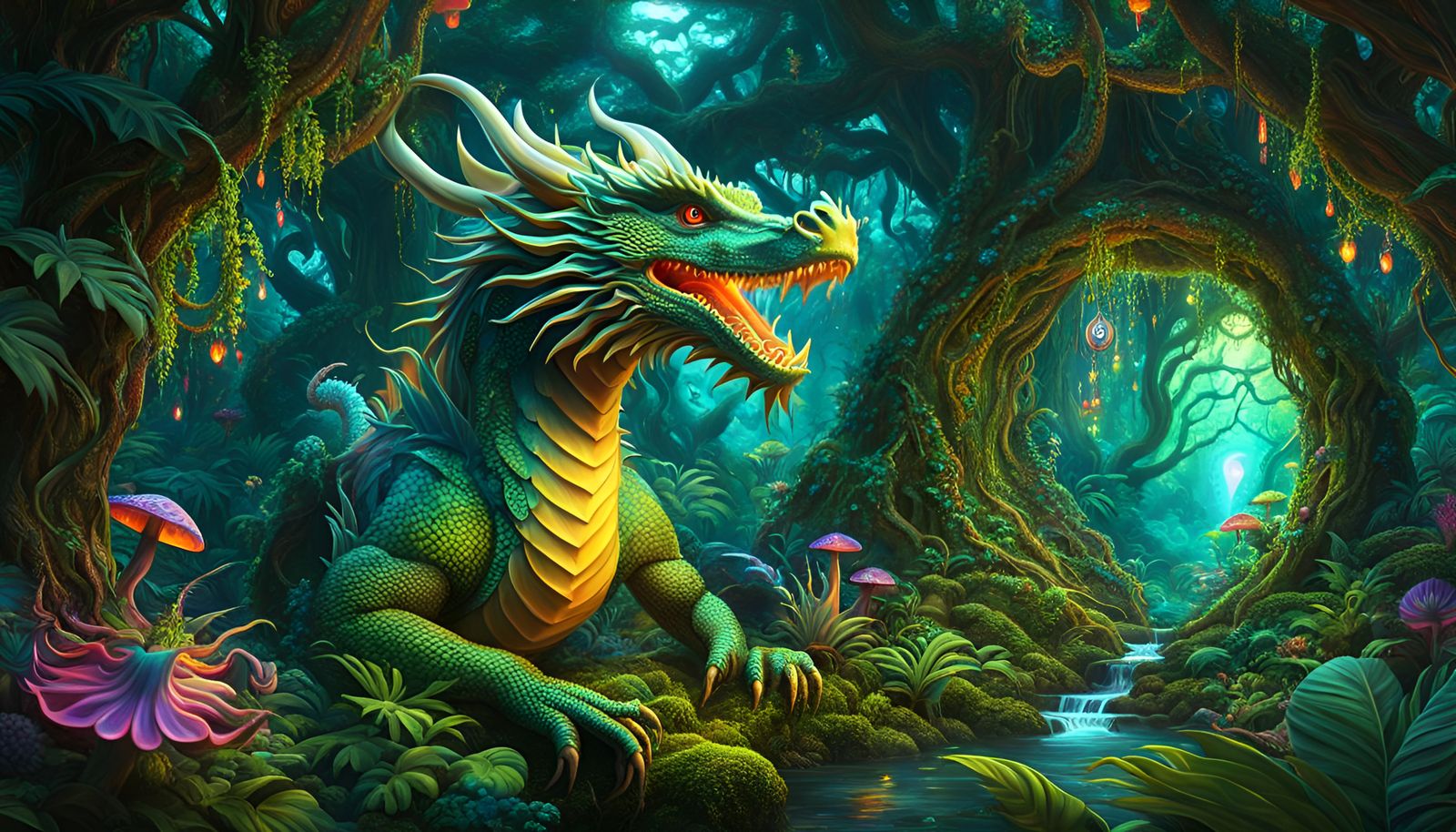 Psychedelic Jungle Dragon in High Fantasy Style