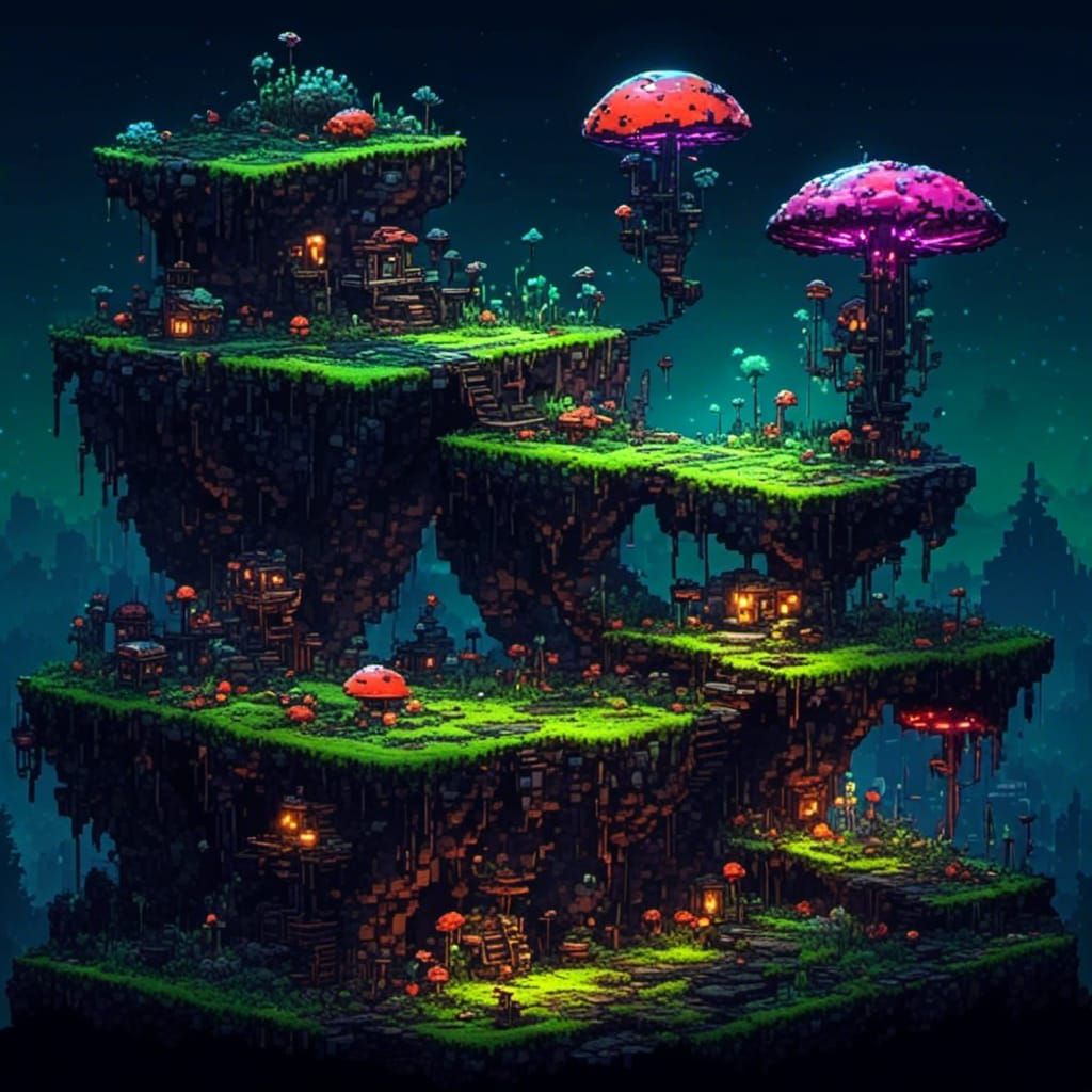 Neon Cyberpunk Platformer Tile Set: Iridescent Mushroom