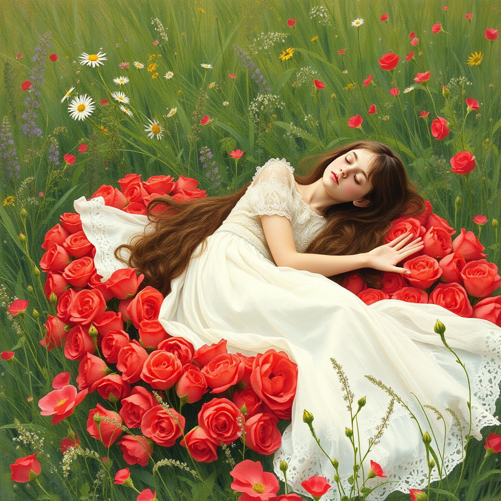 Girl in Lace Gown on Funeral Bed of Roses