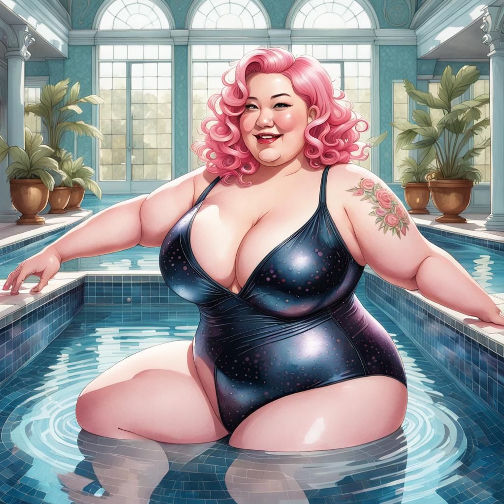 Playful Pin-Up in Modern Pool, Comic Book Style