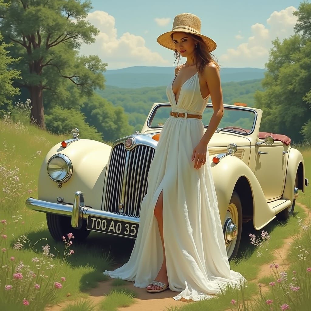 Woman Leans Against Vintage Car in Lush, Impressionist Lands...