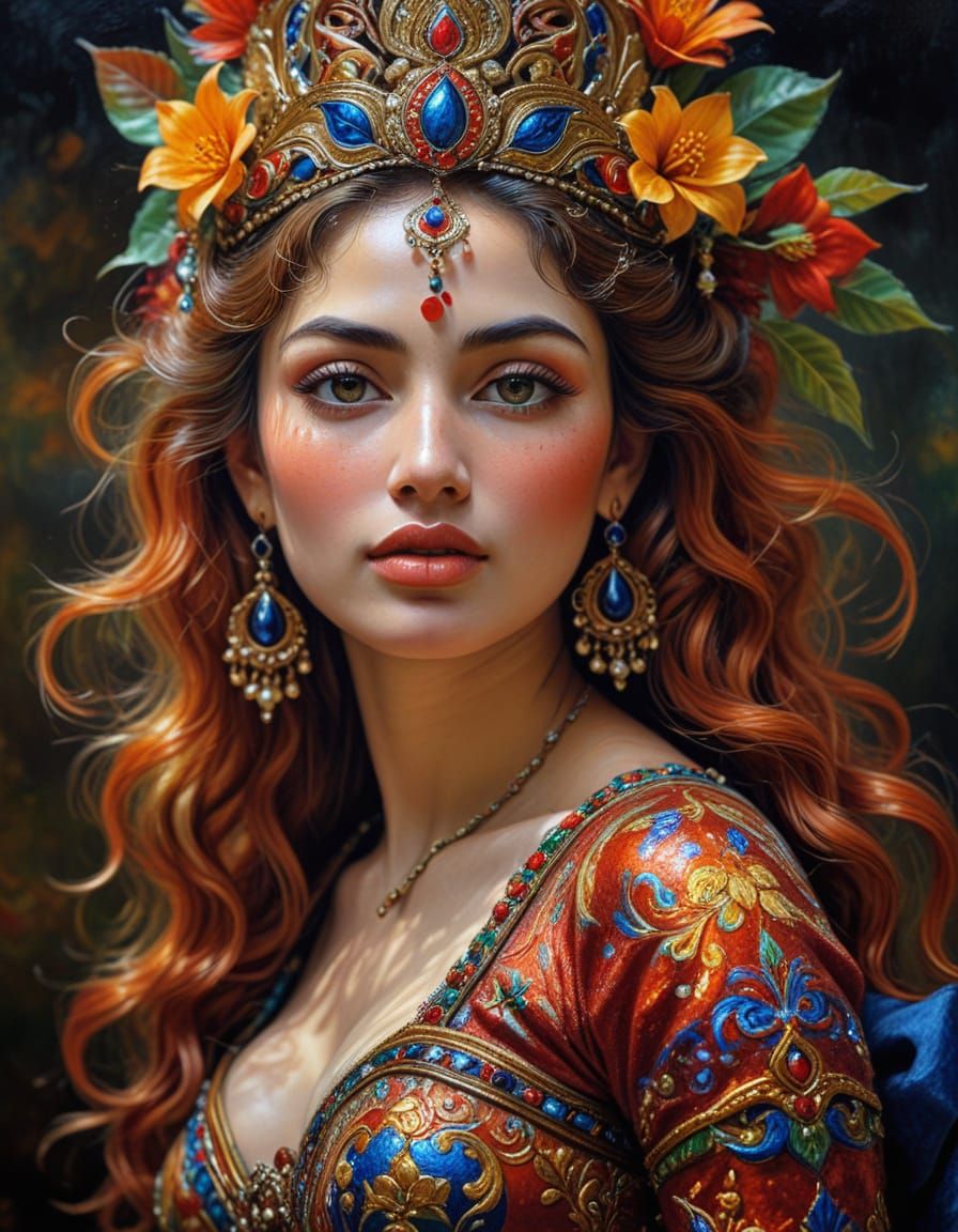 Voluptuous Apsaras Painted in Renoir's Acrylic Style