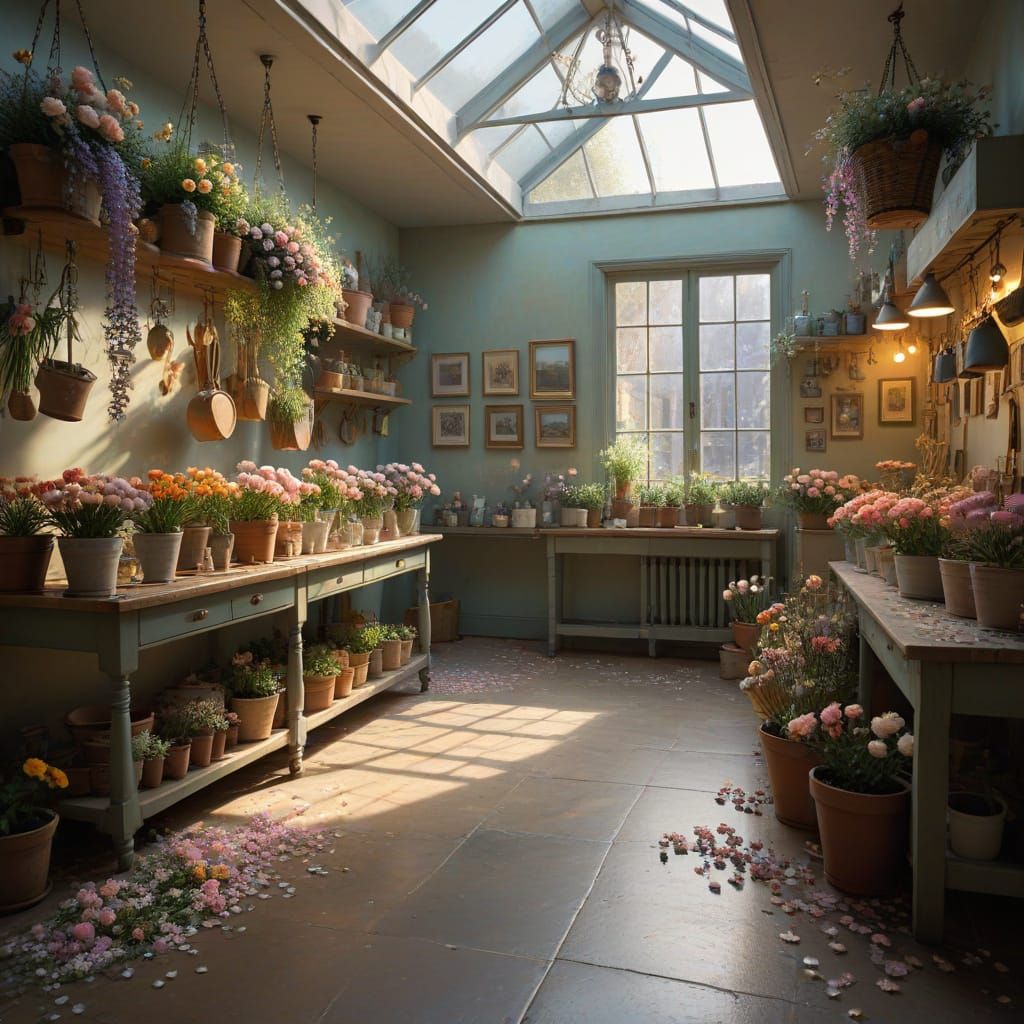 Impressionist Flower Shop Scene in Soft Pastels