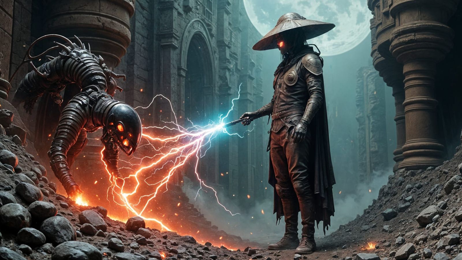 Cyborg Sorcerer Battles Xenomorphic Demon in Dark Ruins