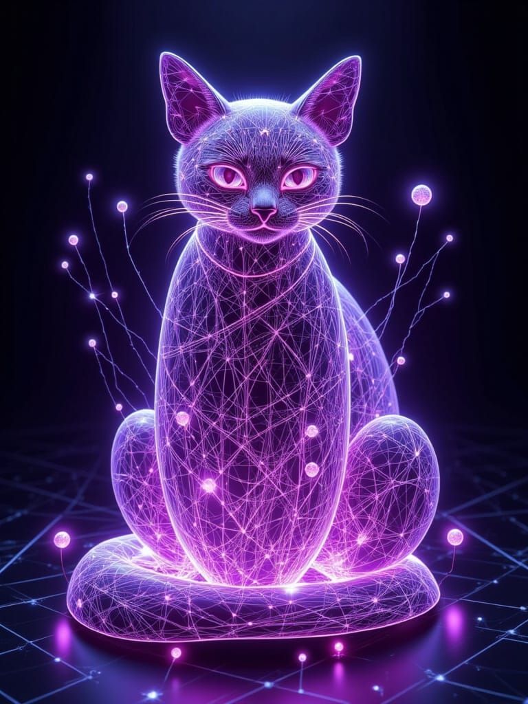 Holographic Sitting Cat in Purple 3D Schematic Style