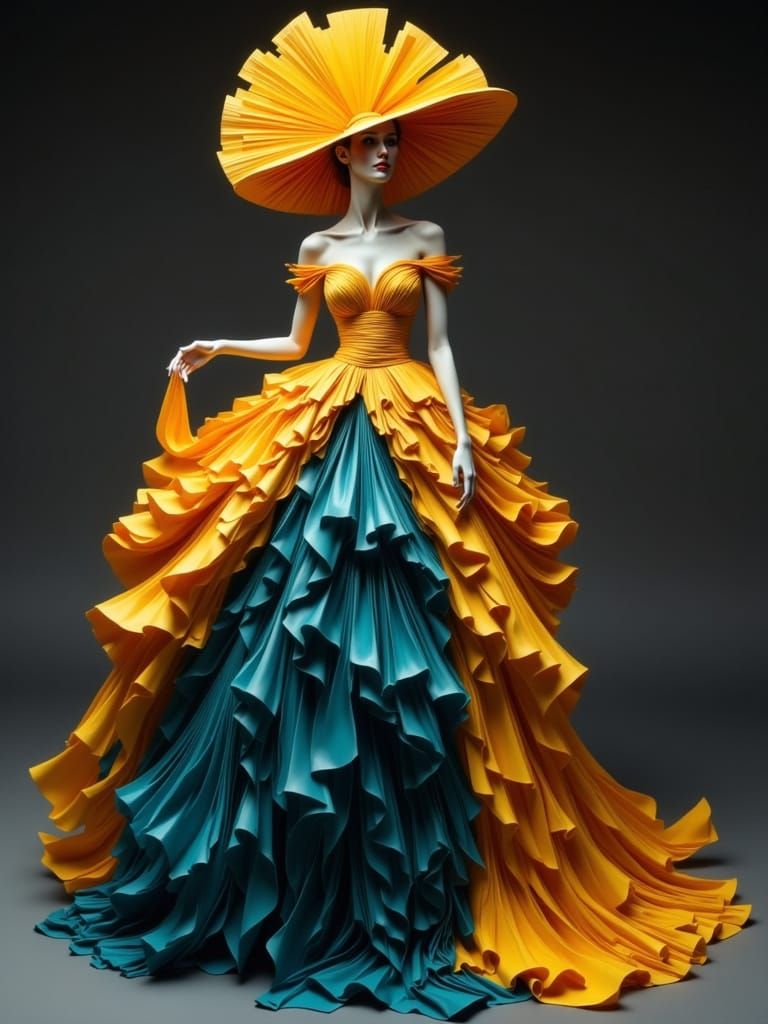 Paper Fashion Sculpture of Woman in Saffron Gown