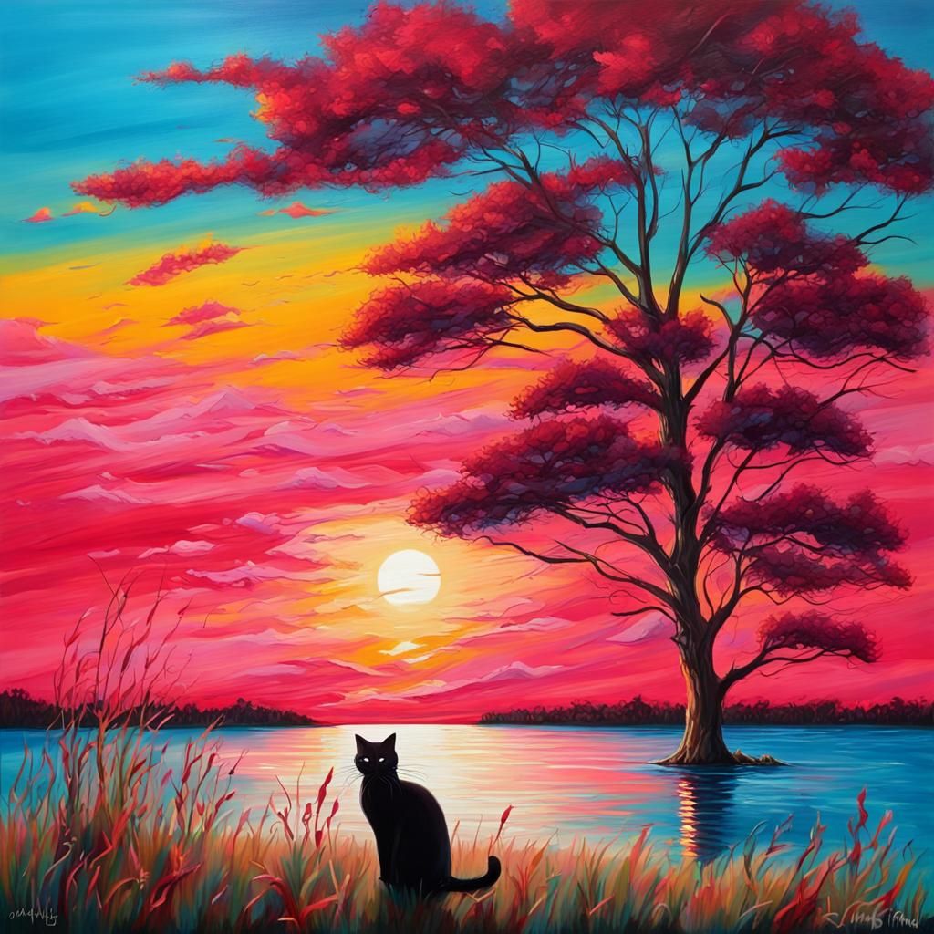 Sunset Scene with Cat in Graffiti Art Style