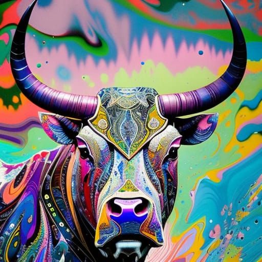 Detailed Bull Head in Marbling and Oil Style