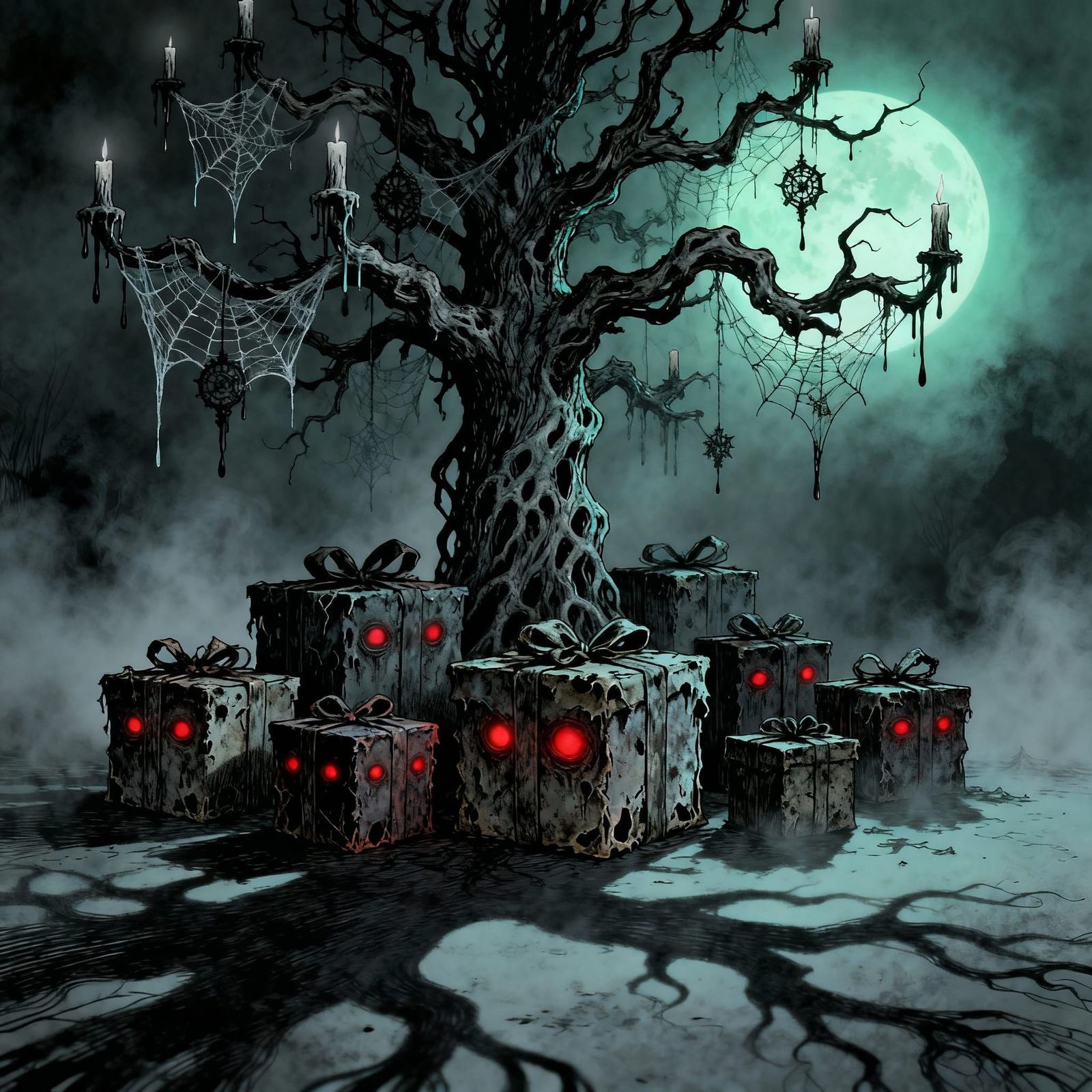 Haunted Christmas Presents Under Skeletal Tree