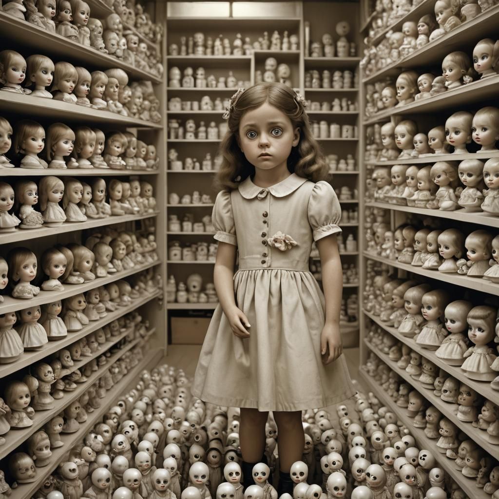 Girl in Googly-Eyed Doll Store: Photorealistic Portrait