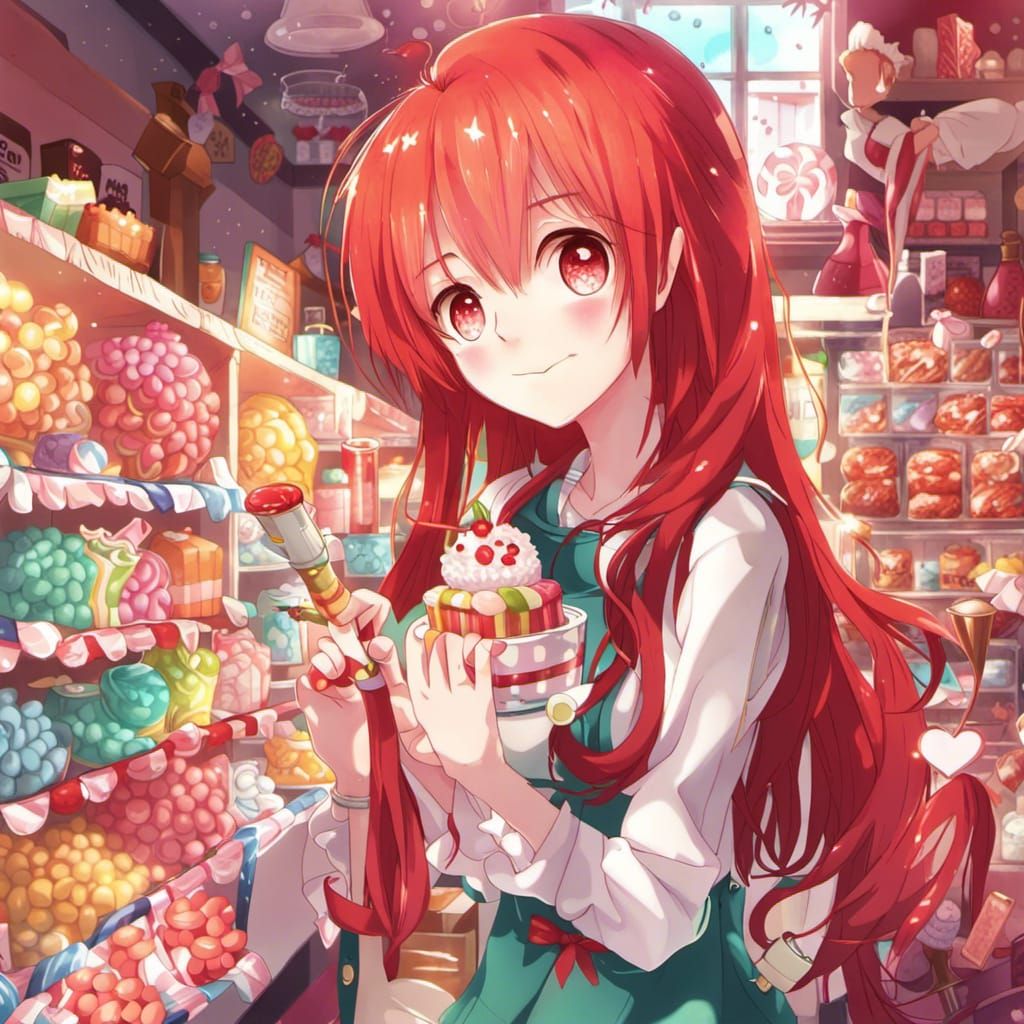 Happy Red-Haired Girl in Anime Style Candy Shop