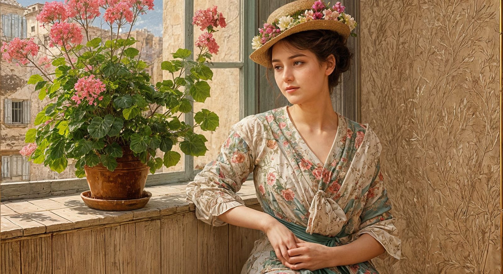 Woman in Spring Dress With Geraniums, Classical Painting