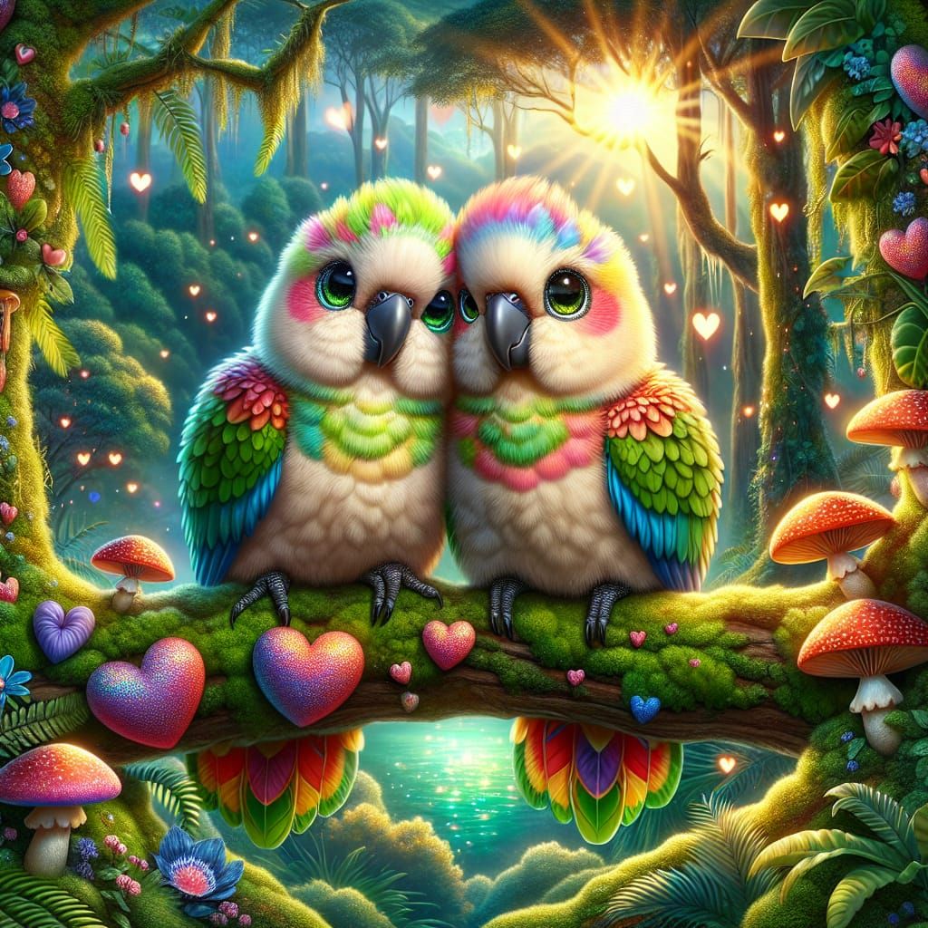 Fluffy Cockatoos with Rainbow Mushrooms in Fantasy Jungle