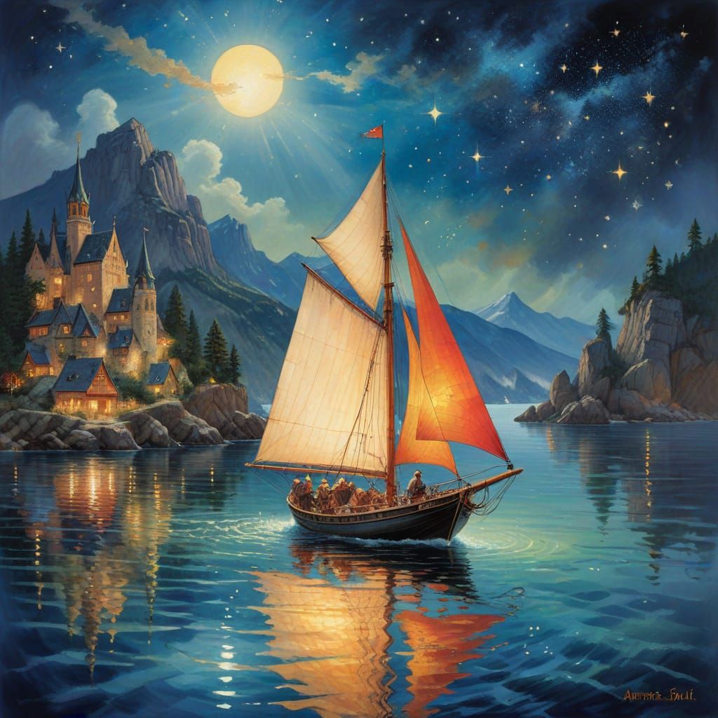 Sailboat Glides Under Starry Sky in Impressionistic Style