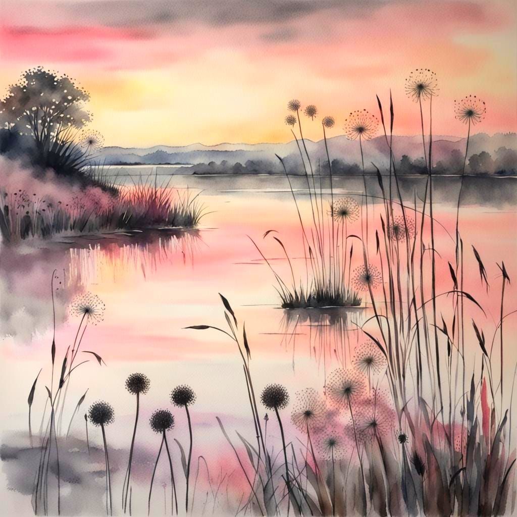 Watercolour Dawn Over Lake with Silhouetted Wildflowers