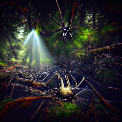 Giant Spider in Dark Forest with Volumetric Lighting