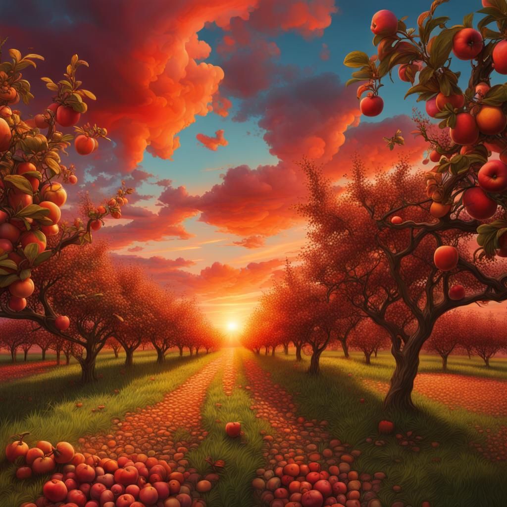 Apple Orchard Sunset in Hyperrealistic Splash Art