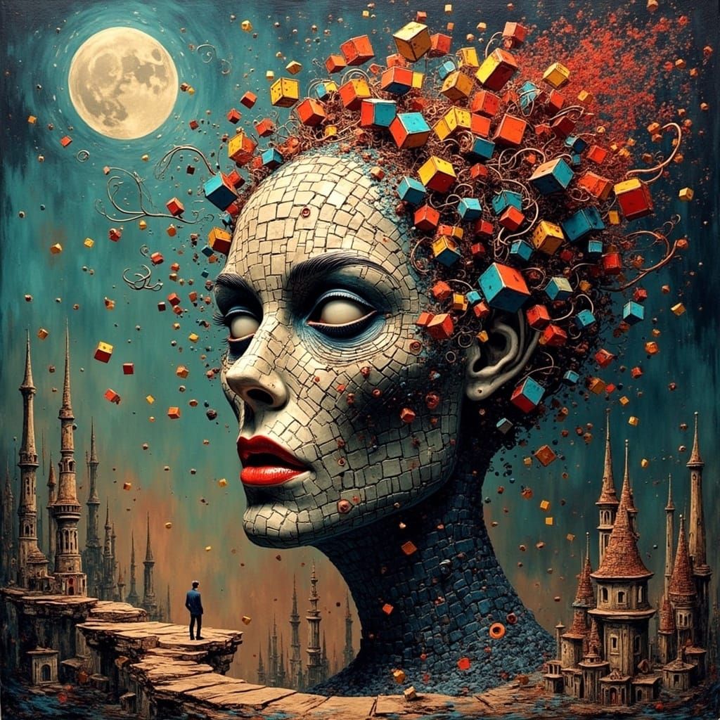 Ethereal Rubik's Cube Head in Vibrant Surrealist Art