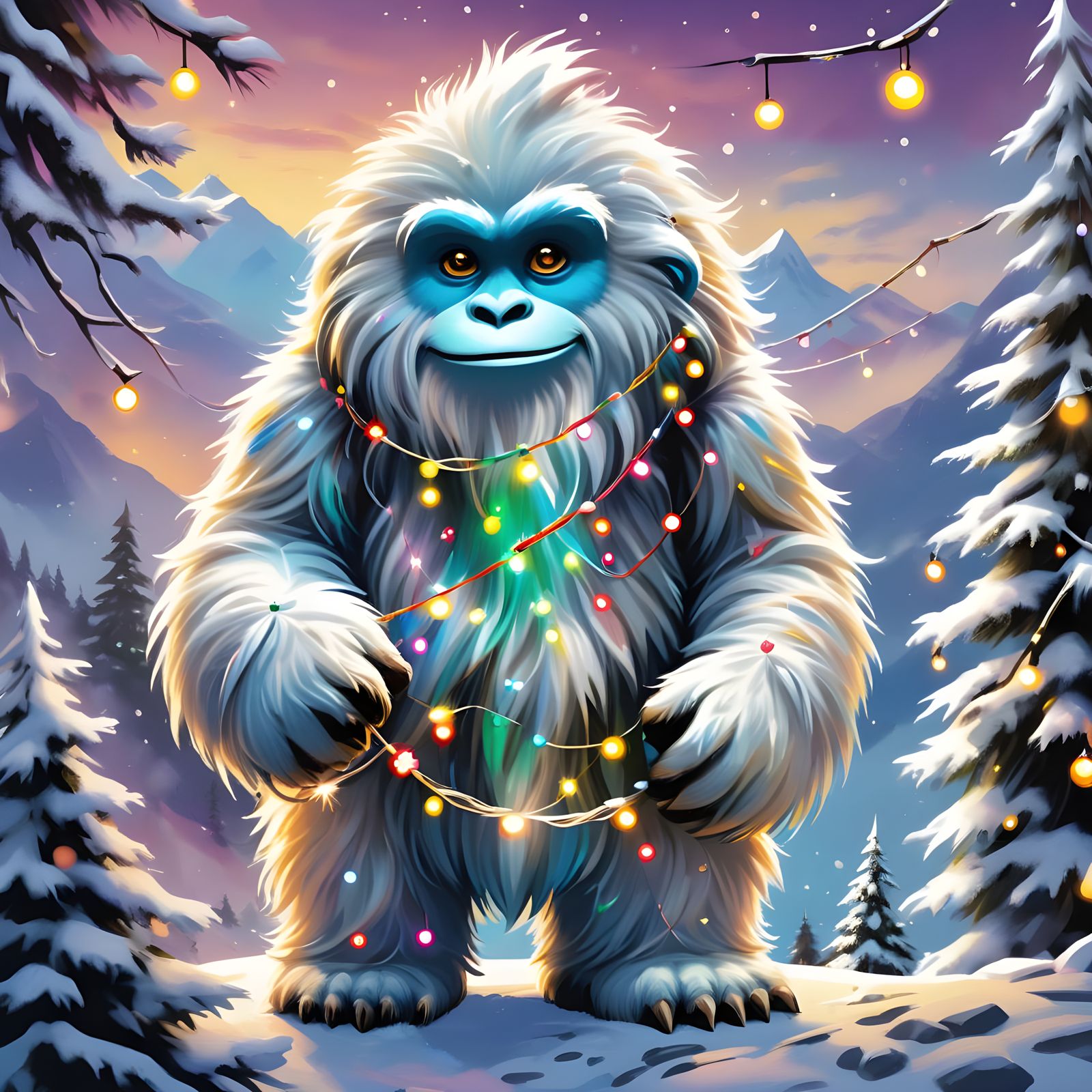 Whimsical Yeti Decorates a Vibrant Christmas Tree in the Him...
